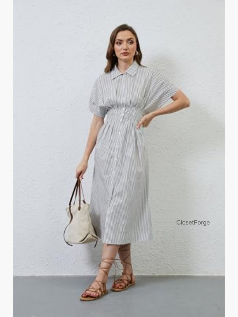 Striped Button Pleated Shirt Maxi Dress Summer Short Sleeve V-Neck Corset Long - Picture 6 of 7